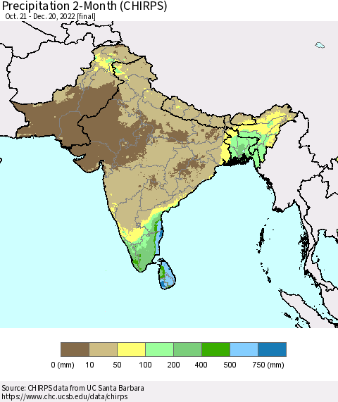 Southern Asia Precipitation 2-Month (CHIRPS) Thematic Map For 10/21/2022 - 12/20/2022