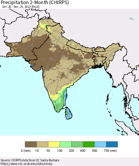 Southern Asia Precipitation 2-Month (CHIRPS) Thematic Map For 10/26/2022 - 12/25/2022