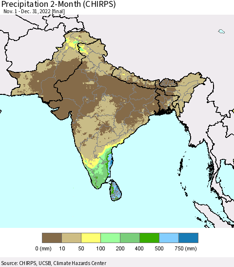 Southern Asia Precipitation 2-Month (CHIRPS) Thematic Map For 11/1/2022 - 12/31/2022