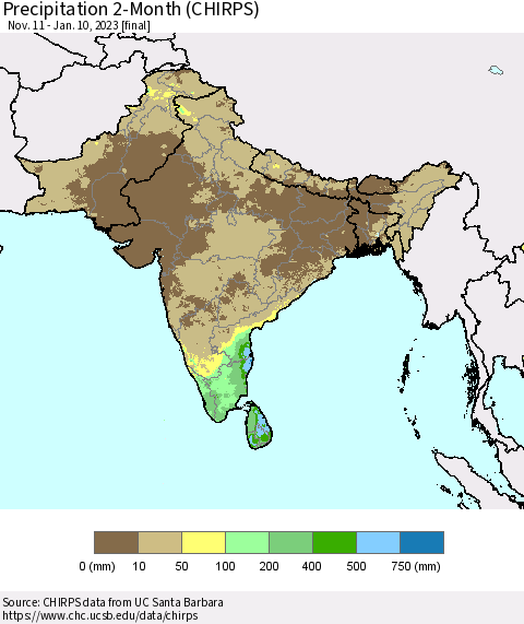 Southern Asia Precipitation 2-Month (CHIRPS) Thematic Map For 11/11/2022 - 1/10/2023