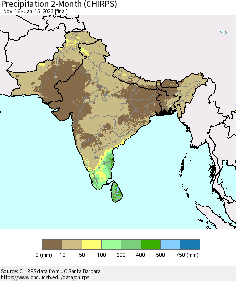 Southern Asia Precipitation 2-Month (CHIRPS) Thematic Map For 11/16/2022 - 1/15/2023