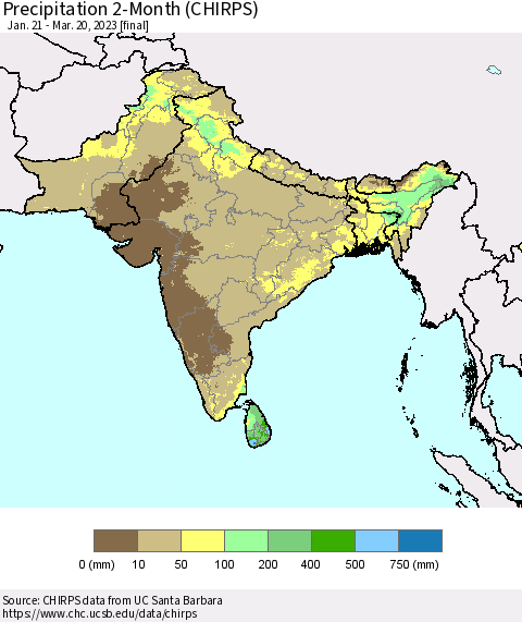 Southern Asia Precipitation 2-Month (CHIRPS) Thematic Map For 1/21/2023 - 3/20/2023