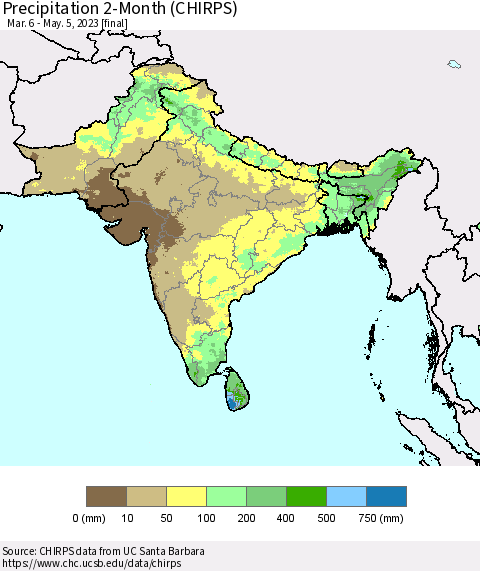 Southern Asia Precipitation 2-Month (CHIRPS) Thematic Map For 3/6/2023 - 5/5/2023