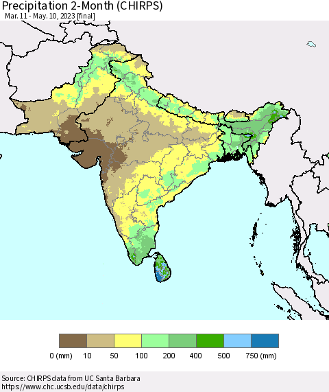 Southern Asia Precipitation 2-Month (CHIRPS) Thematic Map For 3/11/2023 - 5/10/2023