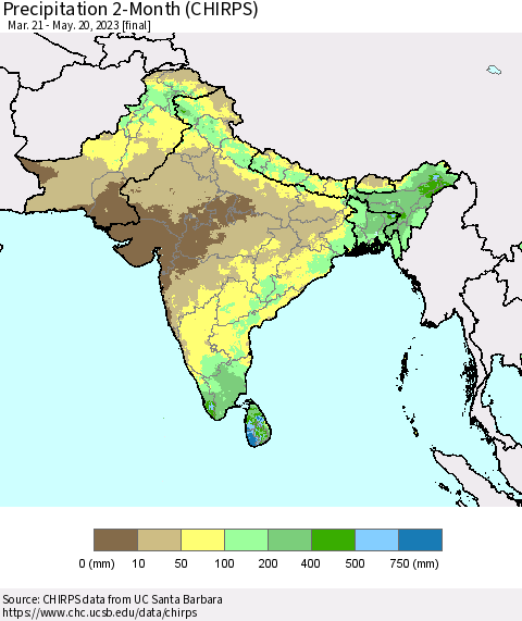 Southern Asia Precipitation 2-Month (CHIRPS) Thematic Map For 3/21/2023 - 5/20/2023