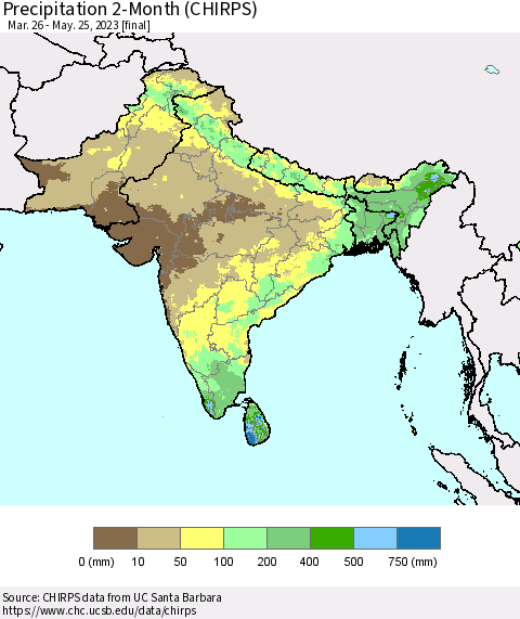 Southern Asia Precipitation 2-Month (CHIRPS) Thematic Map For 3/26/2023 - 5/25/2023