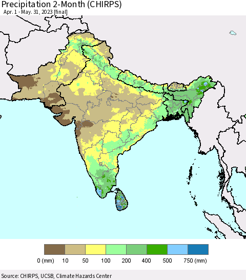 Southern Asia Precipitation 2-Month (CHIRPS) Thematic Map For 4/1/2023 - 5/31/2023