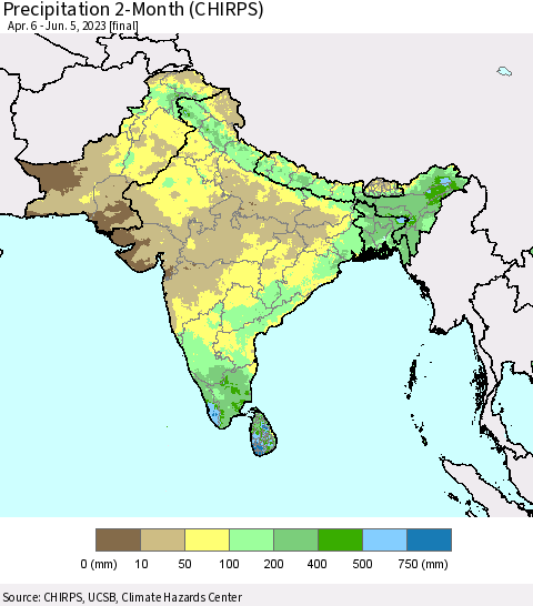 Southern Asia Precipitation 2-Month (CHIRPS) Thematic Map For 4/6/2023 - 6/5/2023