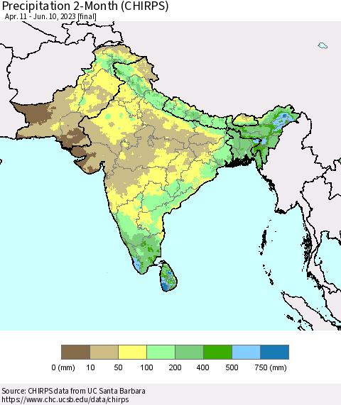 Southern Asia Precipitation 2-Month (CHIRPS) Thematic Map For 4/11/2023 - 6/10/2023
