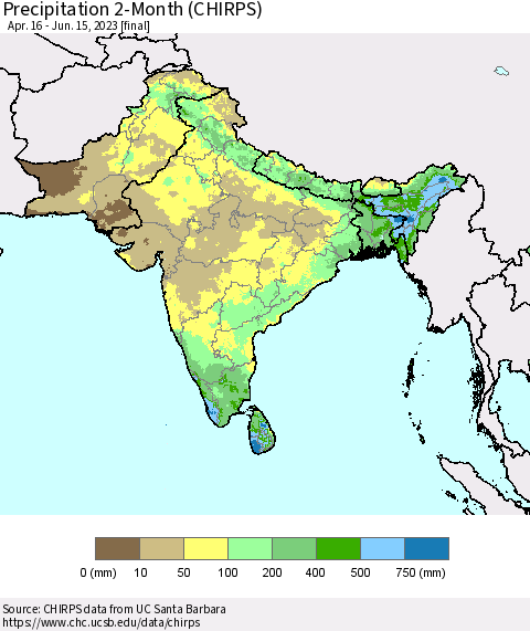 Southern Asia Precipitation 2-Month (CHIRPS) Thematic Map For 4/16/2023 - 6/15/2023