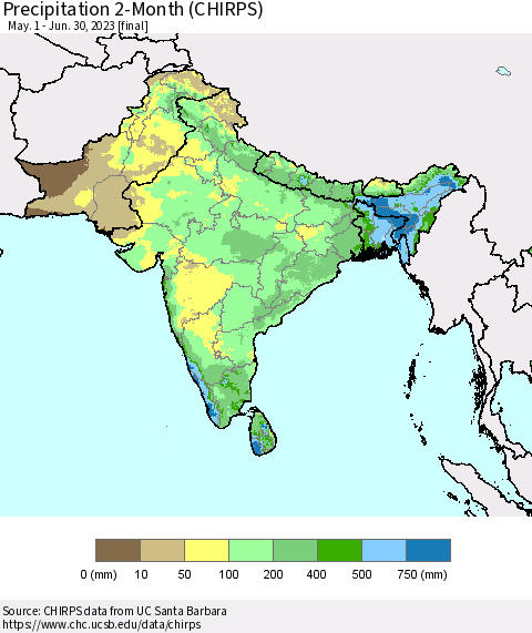 Southern Asia Precipitation 2-Month (CHIRPS) Thematic Map For 5/1/2023 - 6/30/2023