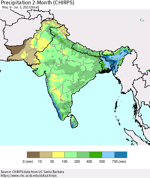 Southern Asia Precipitation 2-Month (CHIRPS) Thematic Map For 5/6/2023 - 7/5/2023