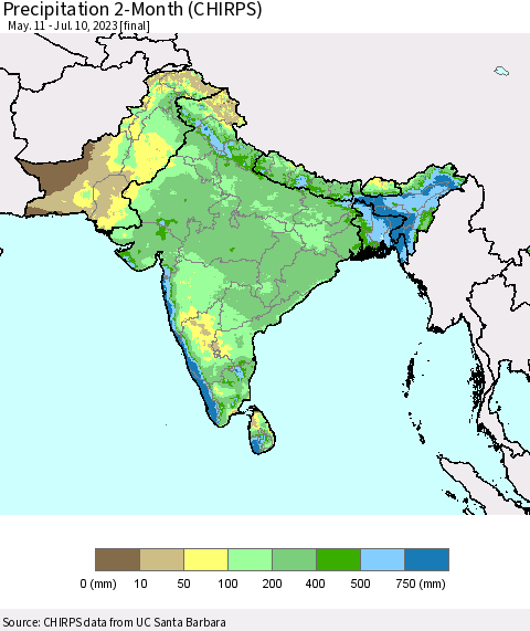 Southern Asia Precipitation 2-Month (CHIRPS) Thematic Map For 5/11/2023 - 7/10/2023