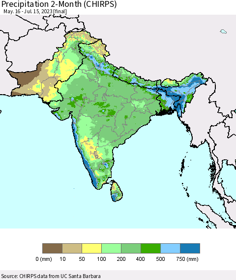 Southern Asia Precipitation 2-Month (CHIRPS) Thematic Map For 5/16/2023 - 7/15/2023