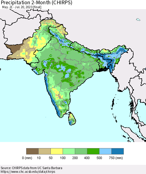 Southern Asia Precipitation 2-Month (CHIRPS) Thematic Map For 5/21/2023 - 7/20/2023