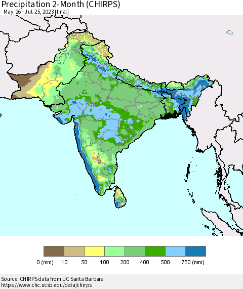 Southern Asia Precipitation 2-Month (CHIRPS) Thematic Map For 5/26/2023 - 7/25/2023