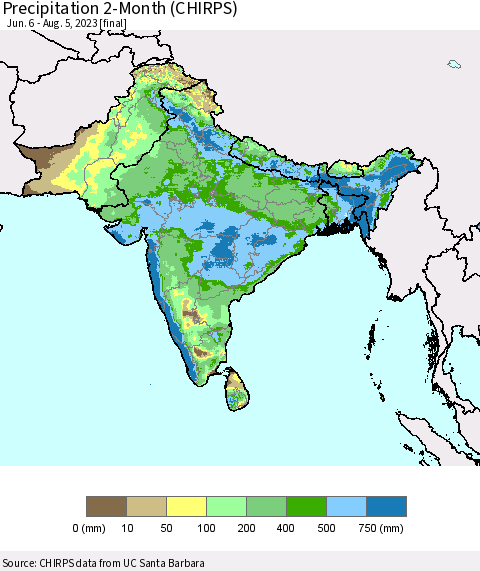 Southern Asia Precipitation 2-Month (CHIRPS) Thematic Map For 6/6/2023 - 8/5/2023