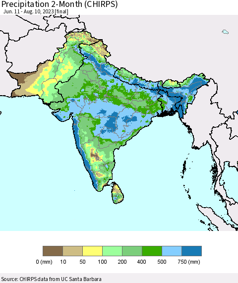 Southern Asia Precipitation 2-Month (CHIRPS) Thematic Map For 6/11/2023 - 8/10/2023