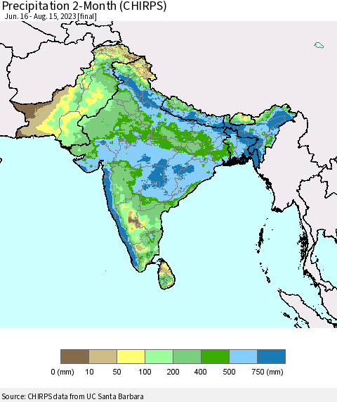 Southern Asia Precipitation 2-Month (CHIRPS) Thematic Map For 6/16/2023 - 8/15/2023