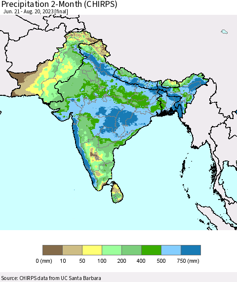 Southern Asia Precipitation 2-Month (CHIRPS) Thematic Map For 6/21/2023 - 8/20/2023