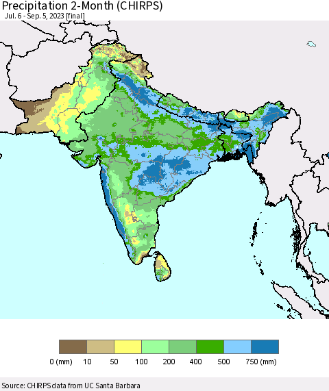 Southern Asia Precipitation 2-Month (CHIRPS) Thematic Map For 7/6/2023 - 9/5/2023