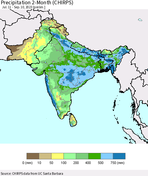 Southern Asia Precipitation 2-Month (CHIRPS) Thematic Map For 7/11/2023 - 9/10/2023