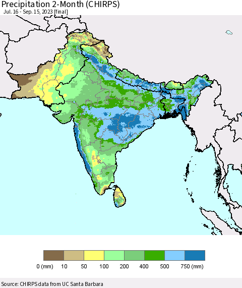 Southern Asia Precipitation 2-Month (CHIRPS) Thematic Map For 7/16/2023 - 9/15/2023