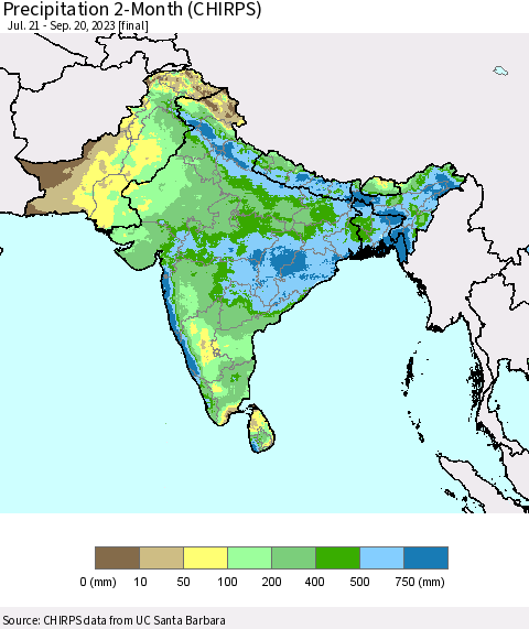 Southern Asia Precipitation 2-Month (CHIRPS) Thematic Map For 7/21/2023 - 9/20/2023
