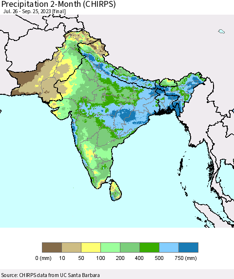 Southern Asia Precipitation 2-Month (CHIRPS) Thematic Map For 7/26/2023 - 9/25/2023