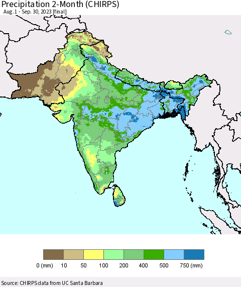 Southern Asia Precipitation 2-Month (CHIRPS) Thematic Map For 8/1/2023 - 9/30/2023