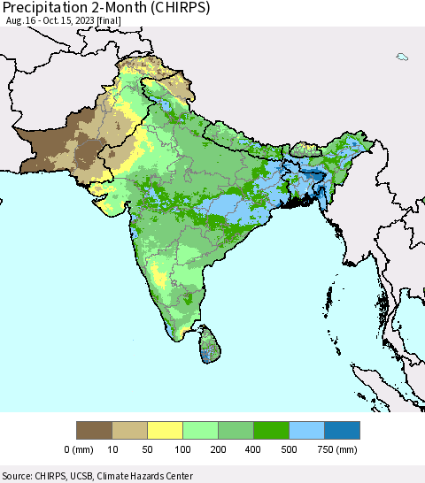 Southern Asia Precipitation 2-Month (CHIRPS) Thematic Map For 8/16/2023 - 10/15/2023