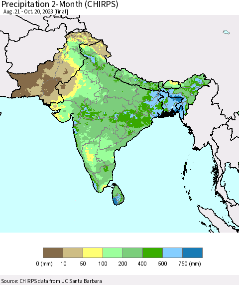 Southern Asia Precipitation 2-Month (CHIRPS) Thematic Map For 8/21/2023 - 10/20/2023