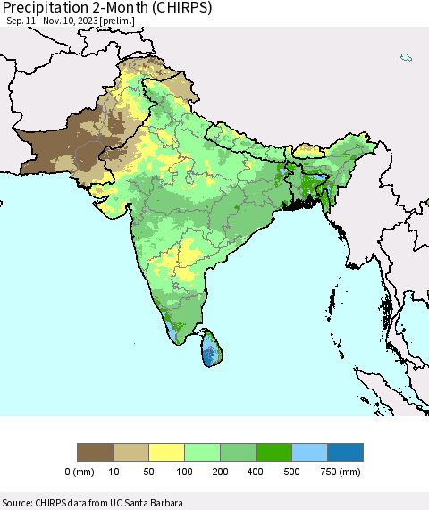 Southern Asia Precipitation 2-Month (CHIRPS) Thematic Map For 9/11/2023 - 11/10/2023