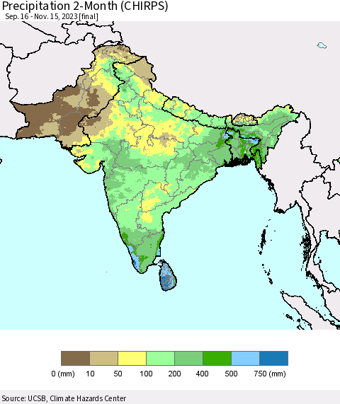 Southern Asia Precipitation 2-Month (CHIRPS) Thematic Map For 9/16/2023 - 11/15/2023