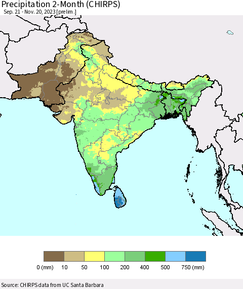 Southern Asia Precipitation 2-Month (CHIRPS) Thematic Map For 9/21/2023 - 11/20/2023