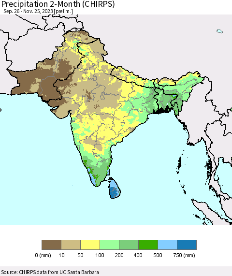 Southern Asia Precipitation 2-Month (CHIRPS) Thematic Map For 9/26/2023 - 11/25/2023