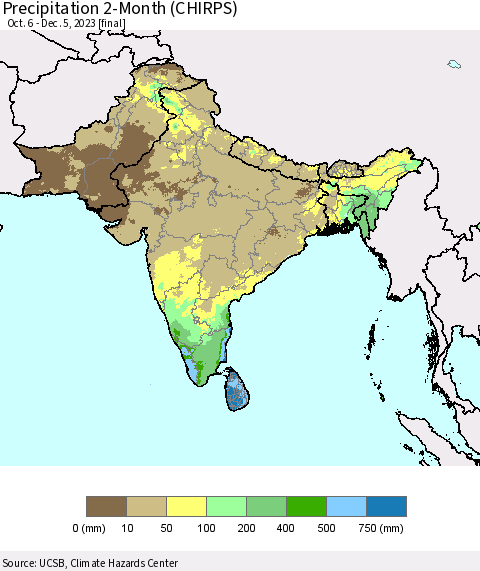 Southern Asia Precipitation 2-Month (CHIRPS) Thematic Map For 10/6/2023 - 12/5/2023
