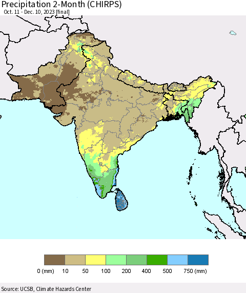 Southern Asia Precipitation 2-Month (CHIRPS) Thematic Map For 10/11/2023 - 12/10/2023