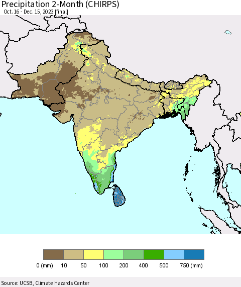 Southern Asia Precipitation 2-Month (CHIRPS) Thematic Map For 10/16/2023 - 12/15/2023