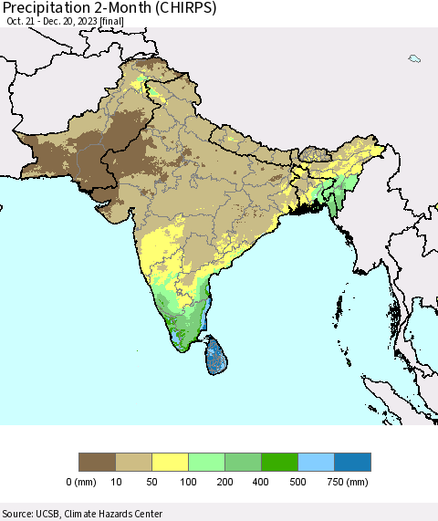 Southern Asia Precipitation 2-Month (CHIRPS) Thematic Map For 10/21/2023 - 12/20/2023
