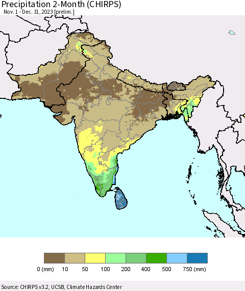 Southern Asia Precipitation 2-Month (CHIRPS) Thematic Map For 11/1/2023 - 12/31/2023
