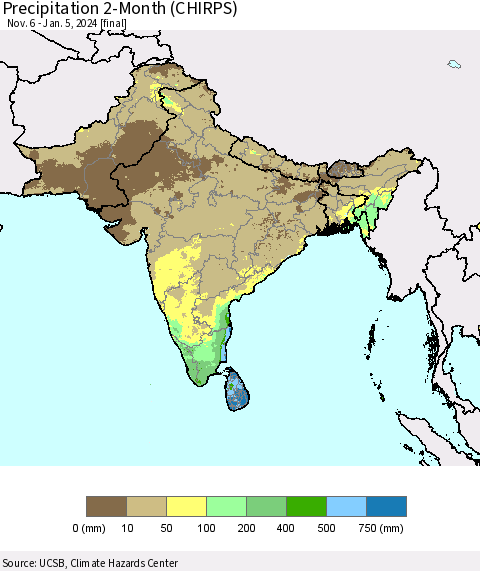 Southern Asia Precipitation 2-Month (CHIRPS) Thematic Map For 11/6/2023 - 1/5/2024
