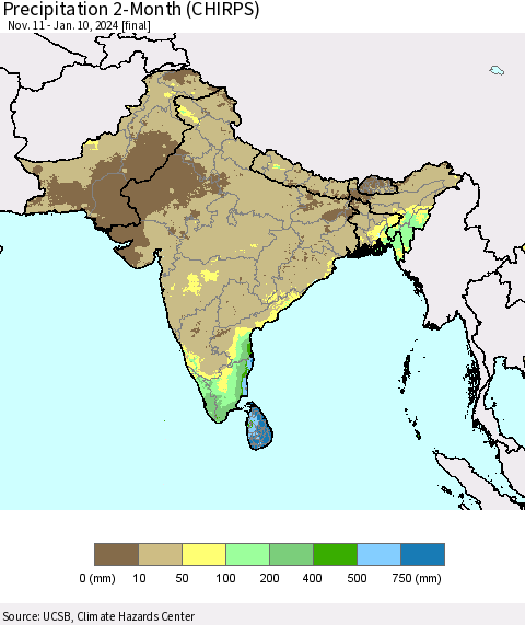 Southern Asia Precipitation 2-Month (CHIRPS) Thematic Map For 11/11/2023 - 1/10/2024