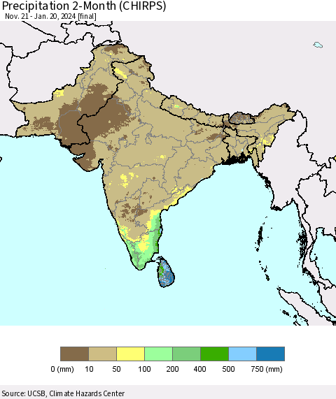 Southern Asia Precipitation 2-Month (CHIRPS) Thematic Map For 11/21/2023 - 1/20/2024