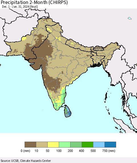 Southern Asia Precipitation 2-Month (CHIRPS) Thematic Map For 12/1/2023 - 1/31/2024