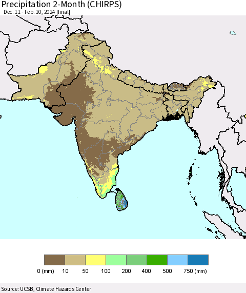 Southern Asia Precipitation 2-Month (CHIRPS) Thematic Map For 12/11/2023 - 2/10/2024