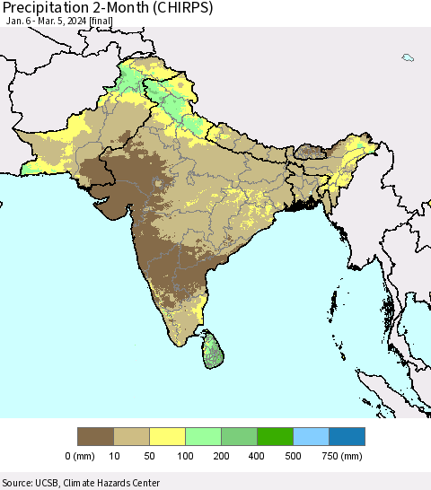 Southern Asia Precipitation 2-Month (CHIRPS) Thematic Map For 1/6/2024 - 3/5/2024