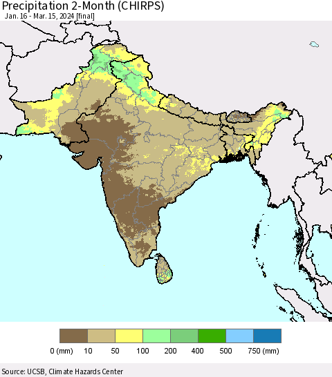 Southern Asia Precipitation 2-Month (CHIRPS) Thematic Map For 1/16/2024 - 3/15/2024