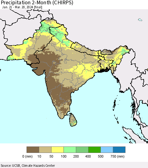 Southern Asia Precipitation 2-Month (CHIRPS) Thematic Map For 1/21/2024 - 3/20/2024