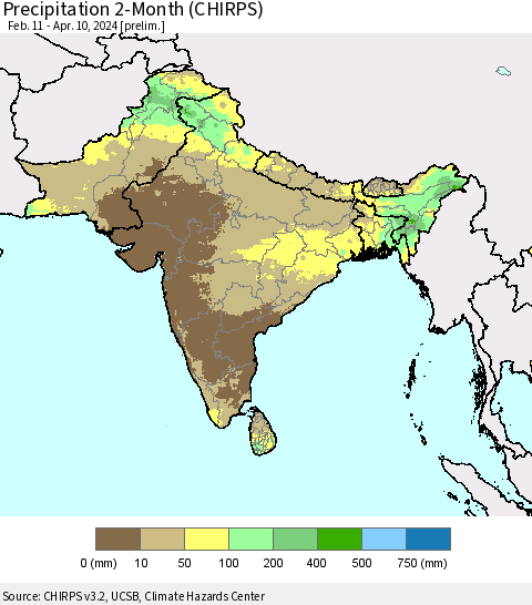Southern Asia Precipitation 2-Month (CHIRPS) Thematic Map For 2/11/2024 - 4/10/2024